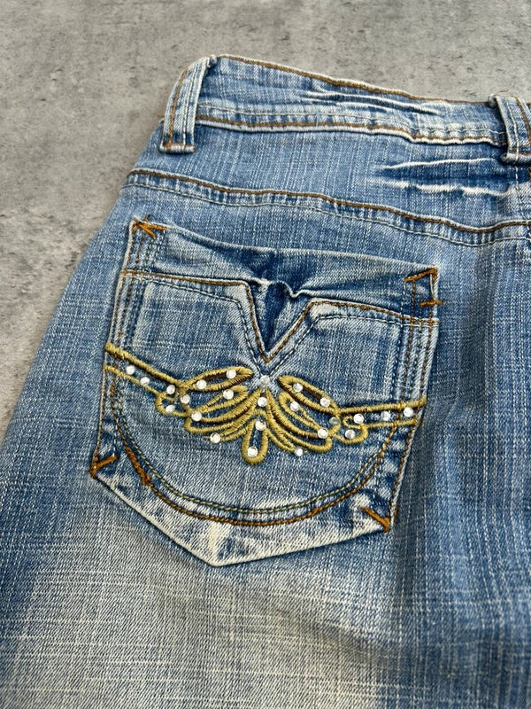 Y2k blue jeans mini skirt with back pocket emroidery washed rare 2000 unique
