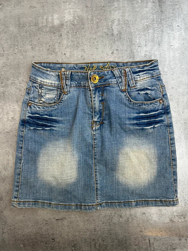 Y2k blue jeans mini skirt with back pocket emroidery washed rare 2000 unique