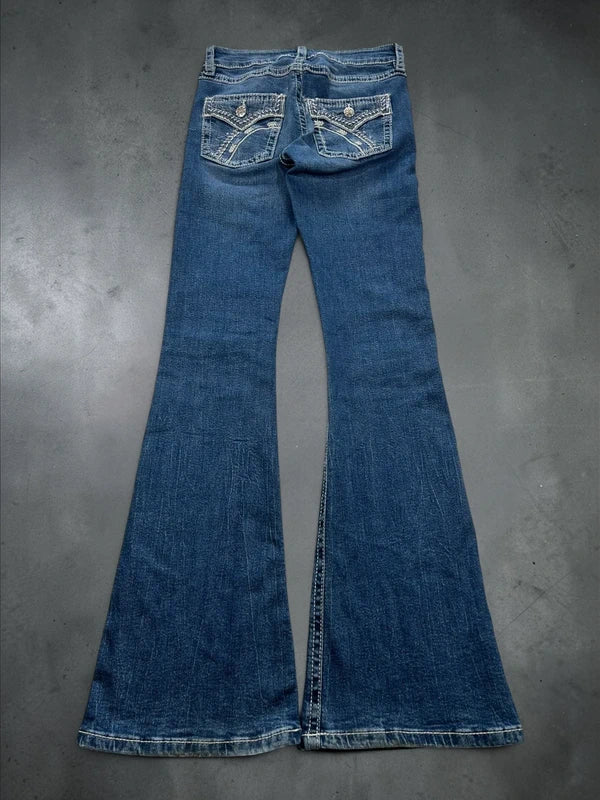 Y2k flared jeans embroidery back pocket denim high rise rare unique