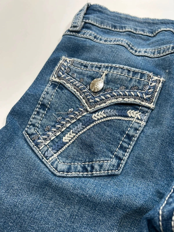 Y2k flared jeans embroidery back pocket denim high rise rare unique