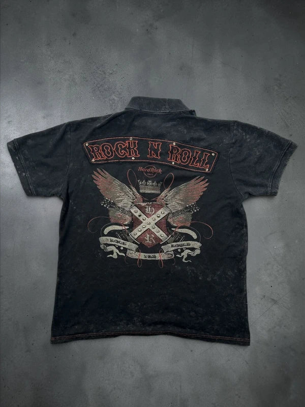 Vintage hard rock black washed boxy polo with Rock n Roll embroidery wings crown ed hardy style