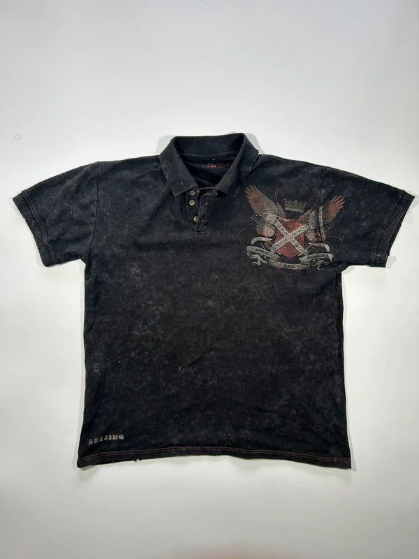 Vintage hard rock black washed boxy polo with Rock n Roll embroidery wings crown ed hardy style