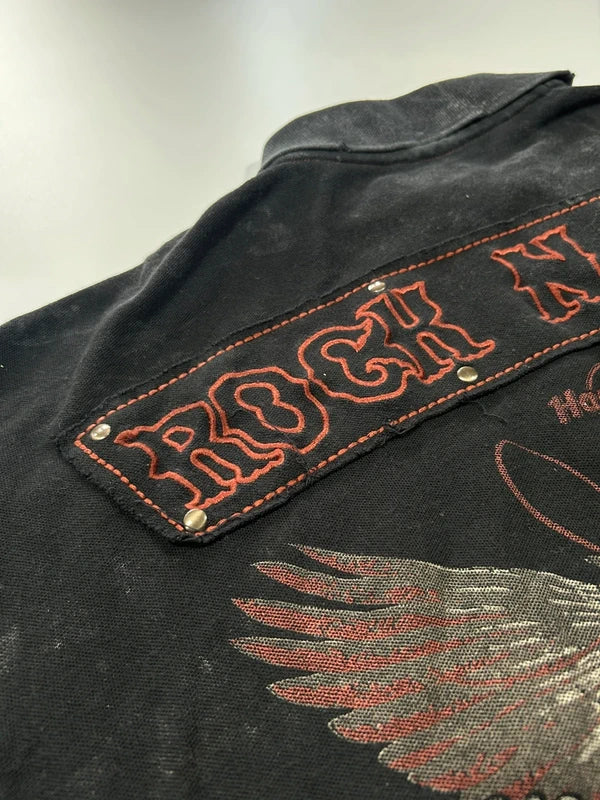 Vintage hard rock black washed boxy polo with Rock n Roll embroidery wings crown ed hardy style