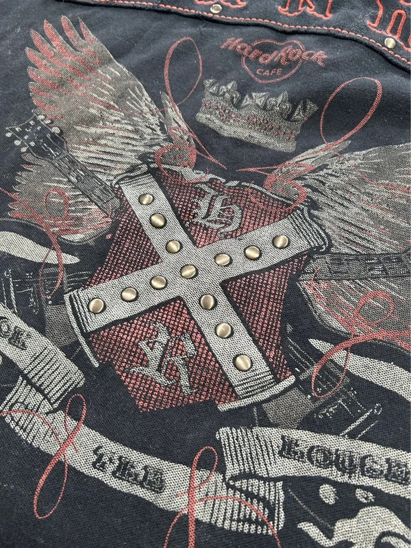 Vintage hard rock black washed boxy polo with Rock n Roll embroidery wings crown ed hardy style