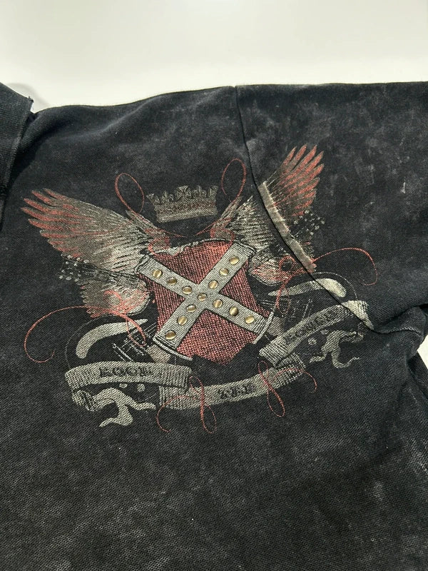 Vintage hard rock black washed boxy polo with Rock n Roll embroidery wings crown ed hardy style