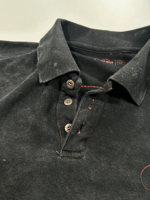 Vintage hard rock black washed boxy polo with Rock n Roll embroidery wings crown ed hardy style