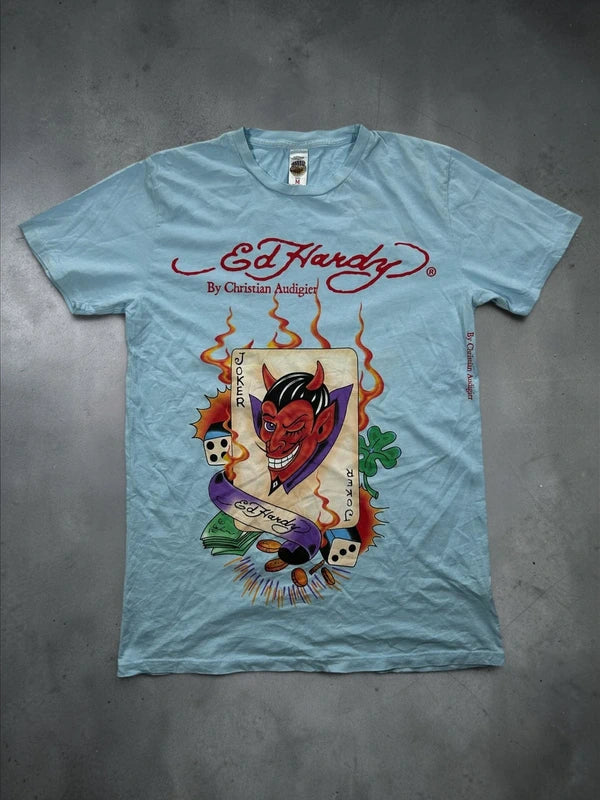 Y2k Ed Hardy graphic tee baby blue jocker card back graphic rare unique