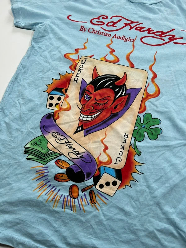 Y2k Ed Hardy graphic tee baby blue jocker card back graphic rare unique