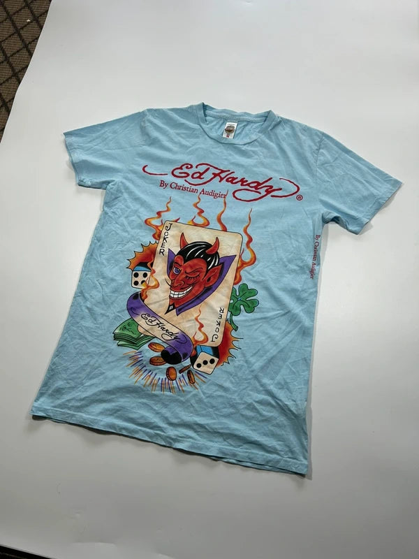 Y2k Ed Hardy graphic tee baby blue jocker card back graphic rare unique