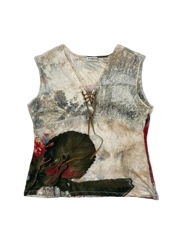 Vintage Boho tank top flowers white and red rose oversized