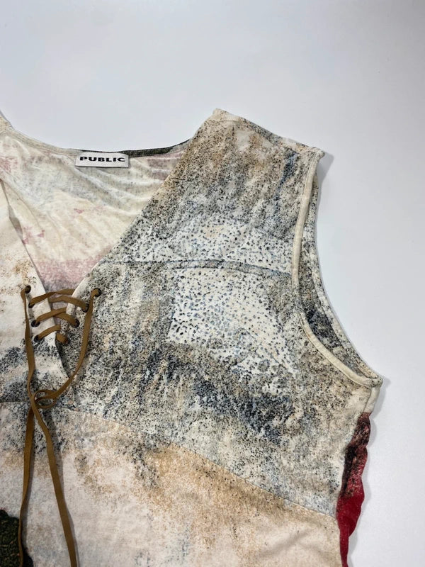 Vintage Boho tank top flowers white and red rose oversized