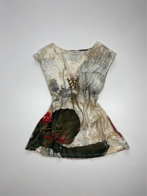 Vintage Boho tank top flowers white and red rose oversized
