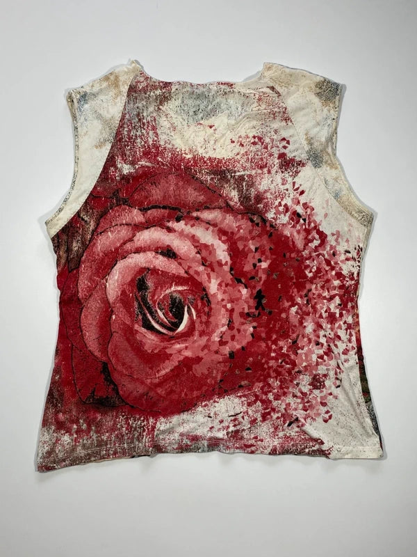 Vintage Boho tank top flowers white and red rose oversized