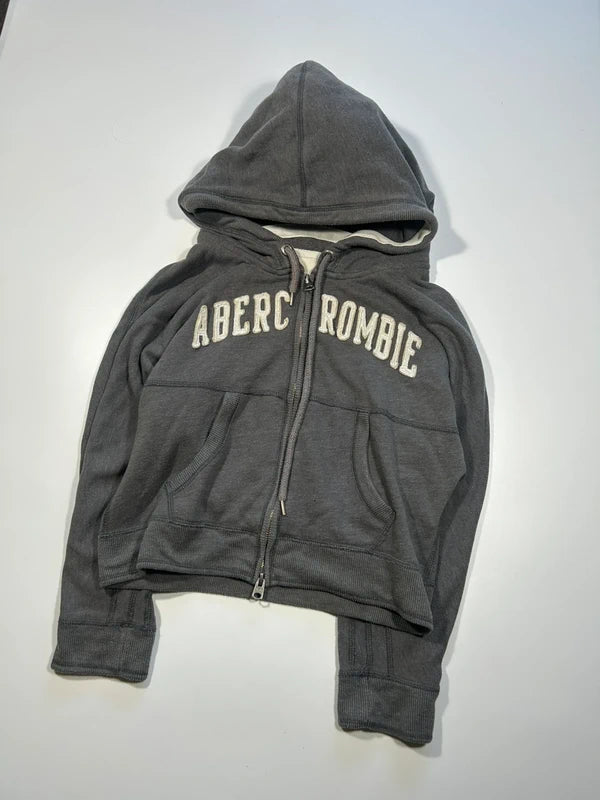 Y2k dark grey cropped hoddie zip up Ambercrombie & Fitch embroidery archive unique rare