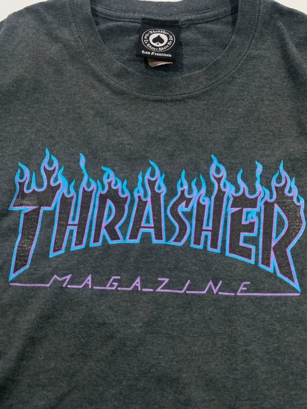 Y2k Thrasher Tshirt Purple and Blue Flame Grey Tee Skater Streetwear Size L Swag Alt