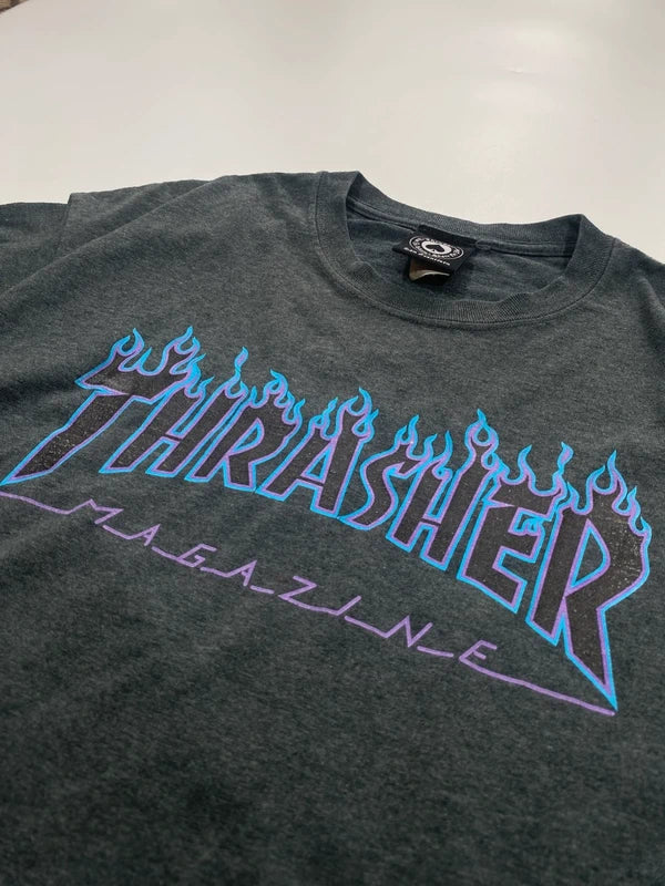 Y2k Thrasher Tshirt Purple and Blue Flame Grey Tee Skater Streetwear Size L Swag Alt