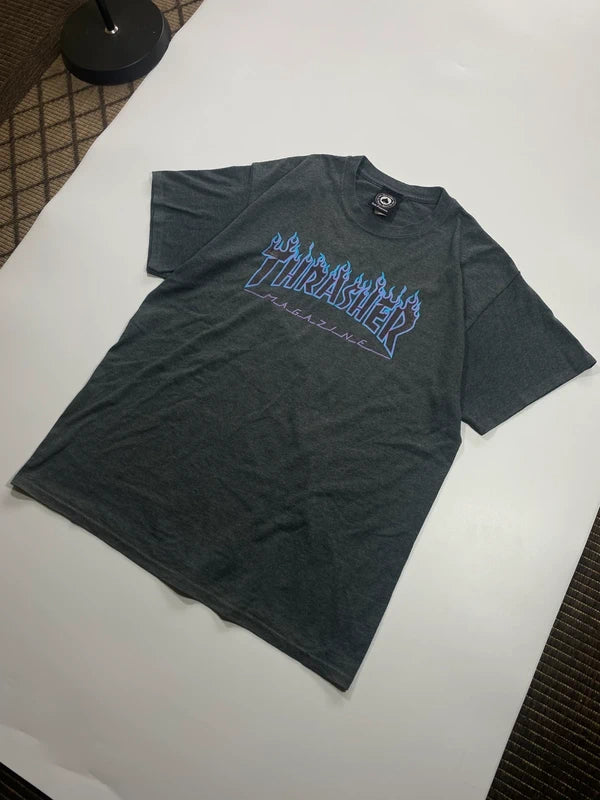 Y2k Thrasher Tshirt Purple and Blue Flame Grey Tee Skater Streetwear Size L Swag Alt