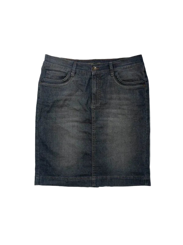 Y2k black denim skirt midi pencil back pockets embroidery wings swag avant garde japan style
