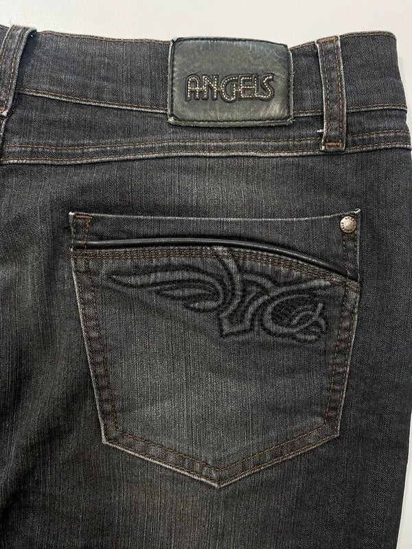 Y2k black denim skirt midi pencil back pockets embroidery wings swag avant garde japan style