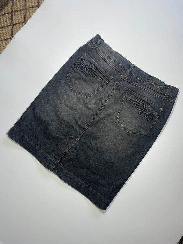 Y2k black denim skirt midi pencil back pockets embroidery wings swag avant garde japan style