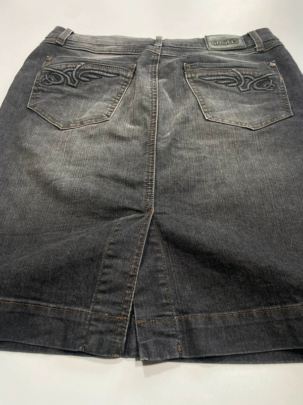 Y2k black denim skirt midi pencil back pockets embroidery wings swag avant garde japan style