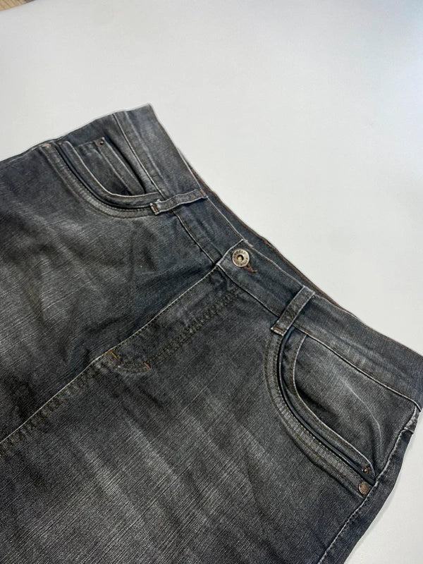 Y2k black denim skirt midi pencil back pockets embroidery wings swag avant garde japan style
