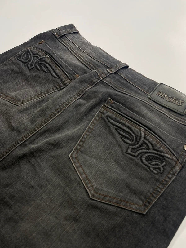 Y2k black denim skirt midi pencil back pockets embroidery wings swag avant garde japan style