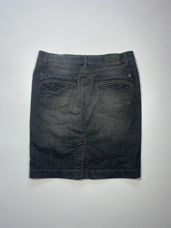 Y2k black denim skirt midi pencil back pockets embroidery wings swag avant garde japan style