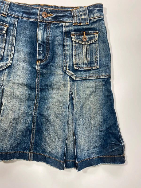 Y2k Flared Denim Mini Skirt Washed Pleated Flap Pockets Vintage Style Avant Garde Japan Style Girly