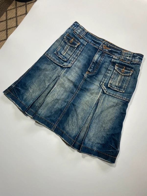 Y2k Flared Denim Mini Skirt Washed Pleated Flap Pockets Vintage Style Avant Garde Japan Style Girly