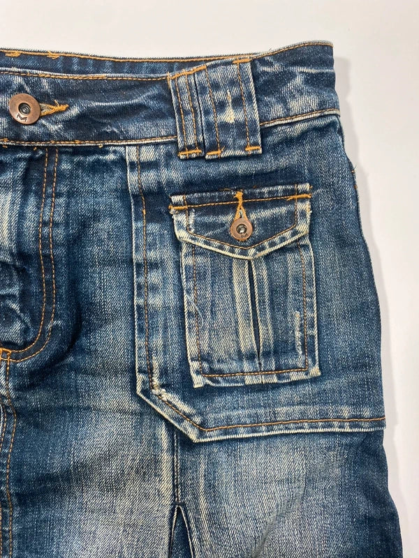 Y2k Flared Denim Mini Skirt Washed Pleated Flap Pockets Vintage Style Avant Garde Japan Style Girly