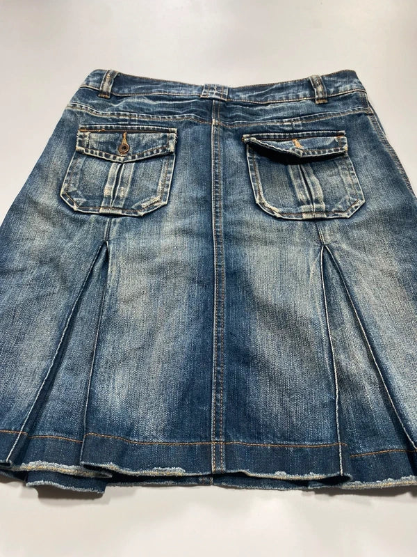 Y2k Flared Denim Mini Skirt Washed Pleated Flap Pockets Vintage Style Avant Garde Japan Style Girly