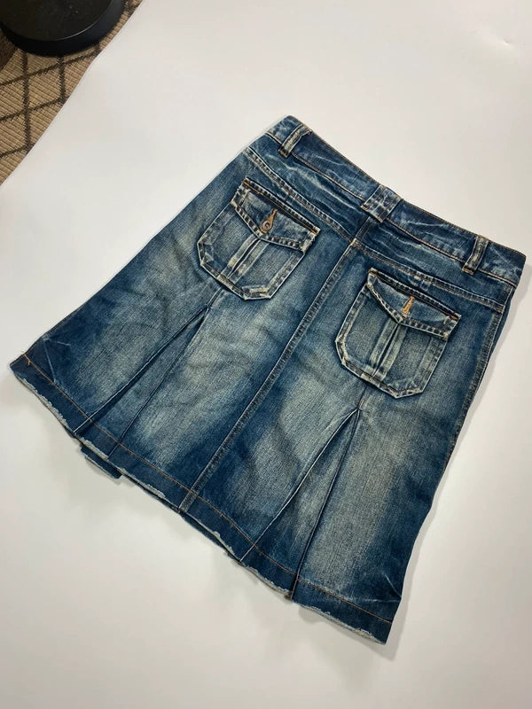 Y2k Flared Denim Mini Skirt Washed Pleated Flap Pockets Vintage Style Avant Garde Japan Style Girly