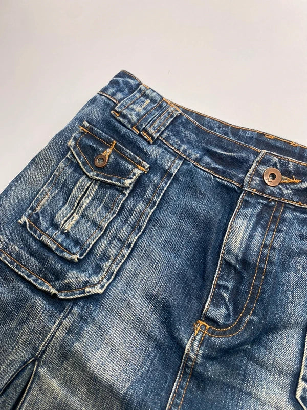 Y2k Flared Denim Mini Skirt Washed Pleated Flap Pockets Vintage Style Avant Garde Japan Style Girly