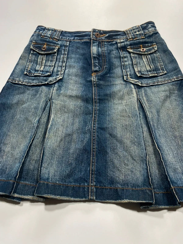 Y2k Flared Denim Mini Skirt Washed Pleated Flap Pockets Vintage Style Avant Garde Japan Style Girly