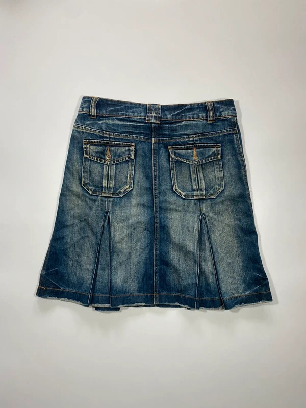 Y2k Flared Denim Mini Skirt Washed Pleated Flap Pockets Vintage Style Avant Garde Japan Style Girly