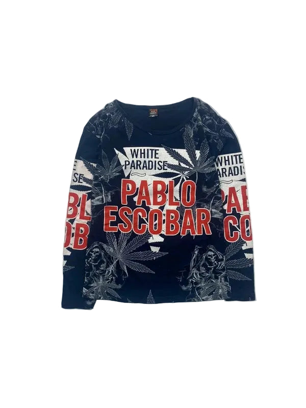 Y2k Graphic Longsleeve Pablo Escobar Slim Shirt Navy Blue Red and White Streetwear Swag Stoner