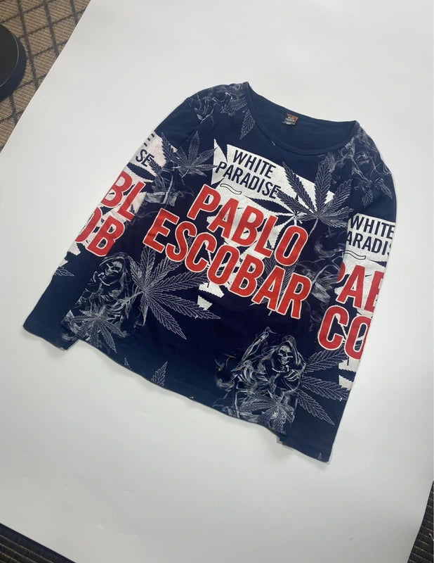 Y2k Graphic Longsleeve Pablo Escobar Slim Shirt Navy Blue Red and White Streetwear Swag Stoner