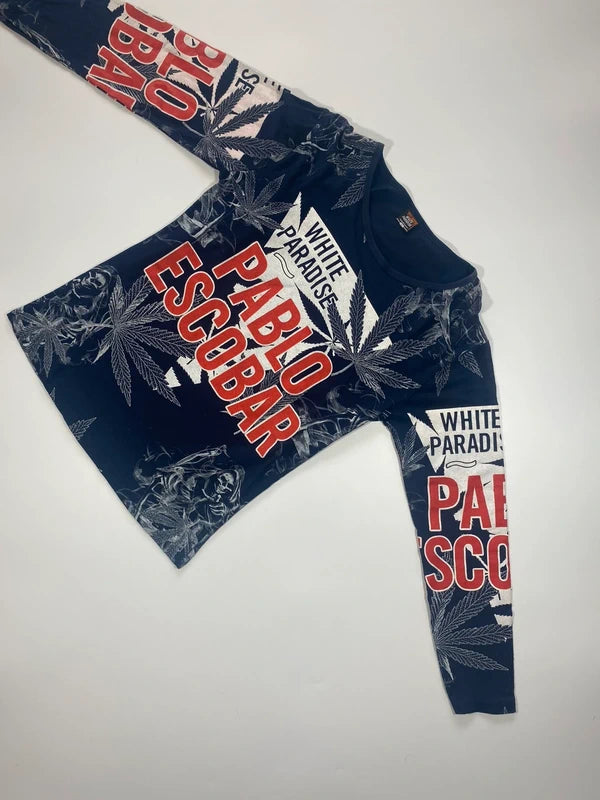 Y2k Graphic Longsleeve Pablo Escobar Slim Shirt Navy Blue Red and White Streetwear Swag Stoner