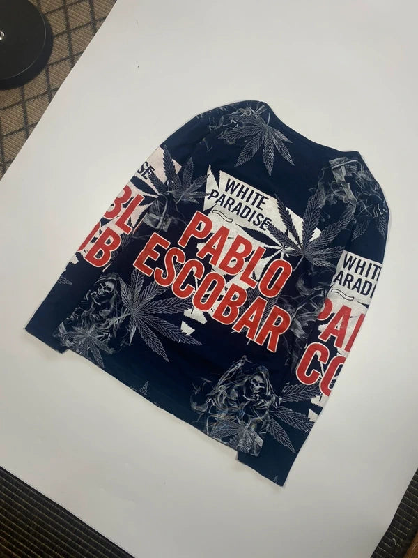 Y2k Graphic Longsleeve Pablo Escobar Slim Shirt Navy Blue Red and White Streetwear Swag Stoner