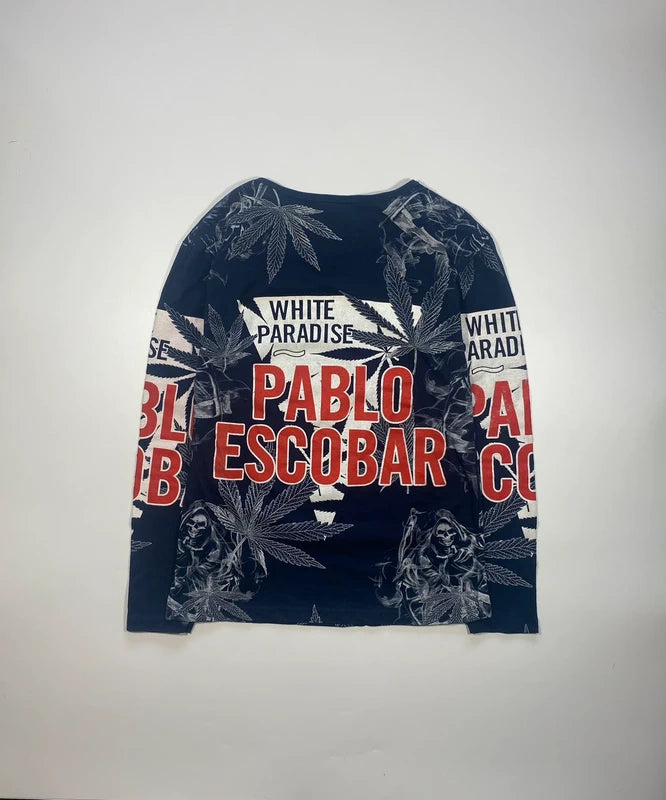 Y2k Graphic Longsleeve Pablo Escobar Slim Shirt Navy Blue Red and White Streetwear Swag Stoner