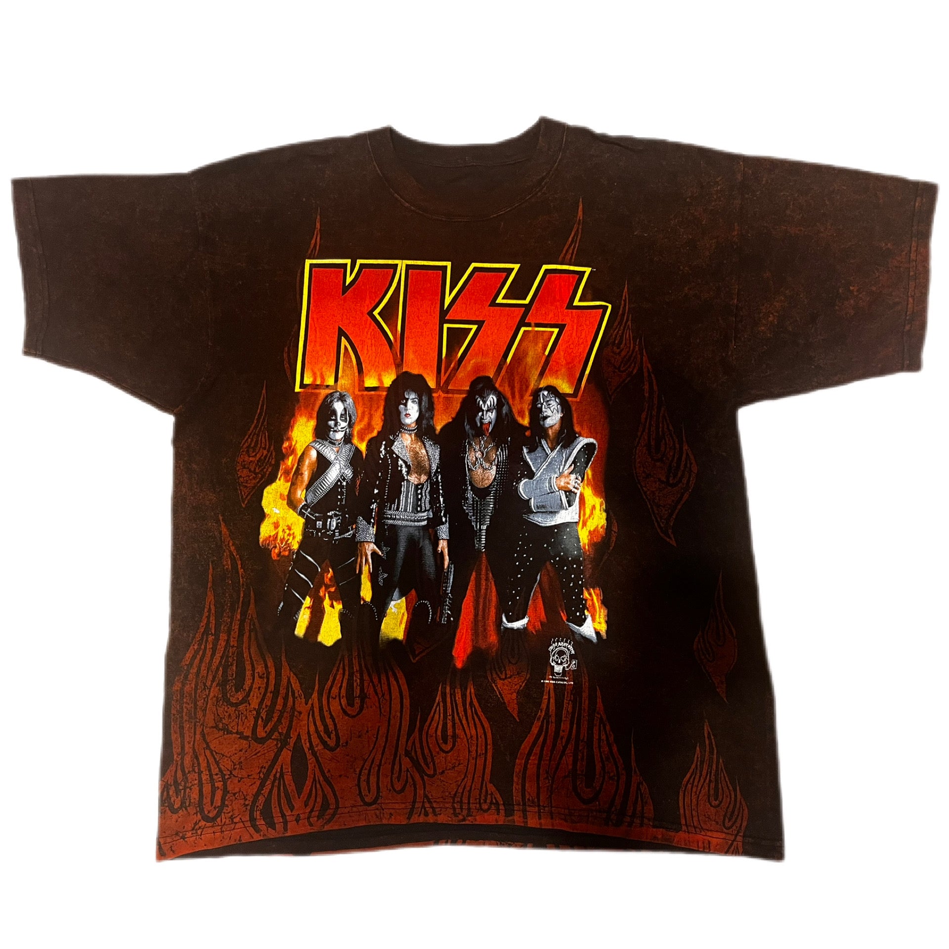 1990s Kiss band koncertowy t-shirt koszulka overprint flames płomienie