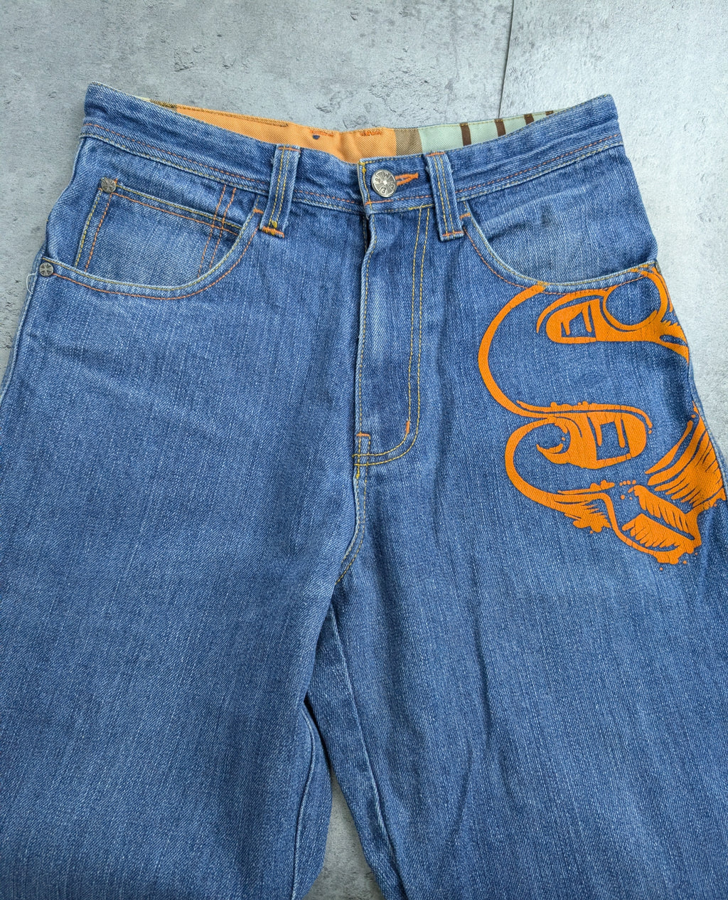 Raw Blue Dollar Sign Graphic Baggy Y2K Vintage Jeans Loose Fit HipHop RARE