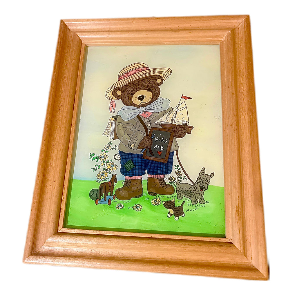 Vintage Teddy Bear Glass Painting obrazy z pluszowym misiem malowane na szkle 1980s PRL