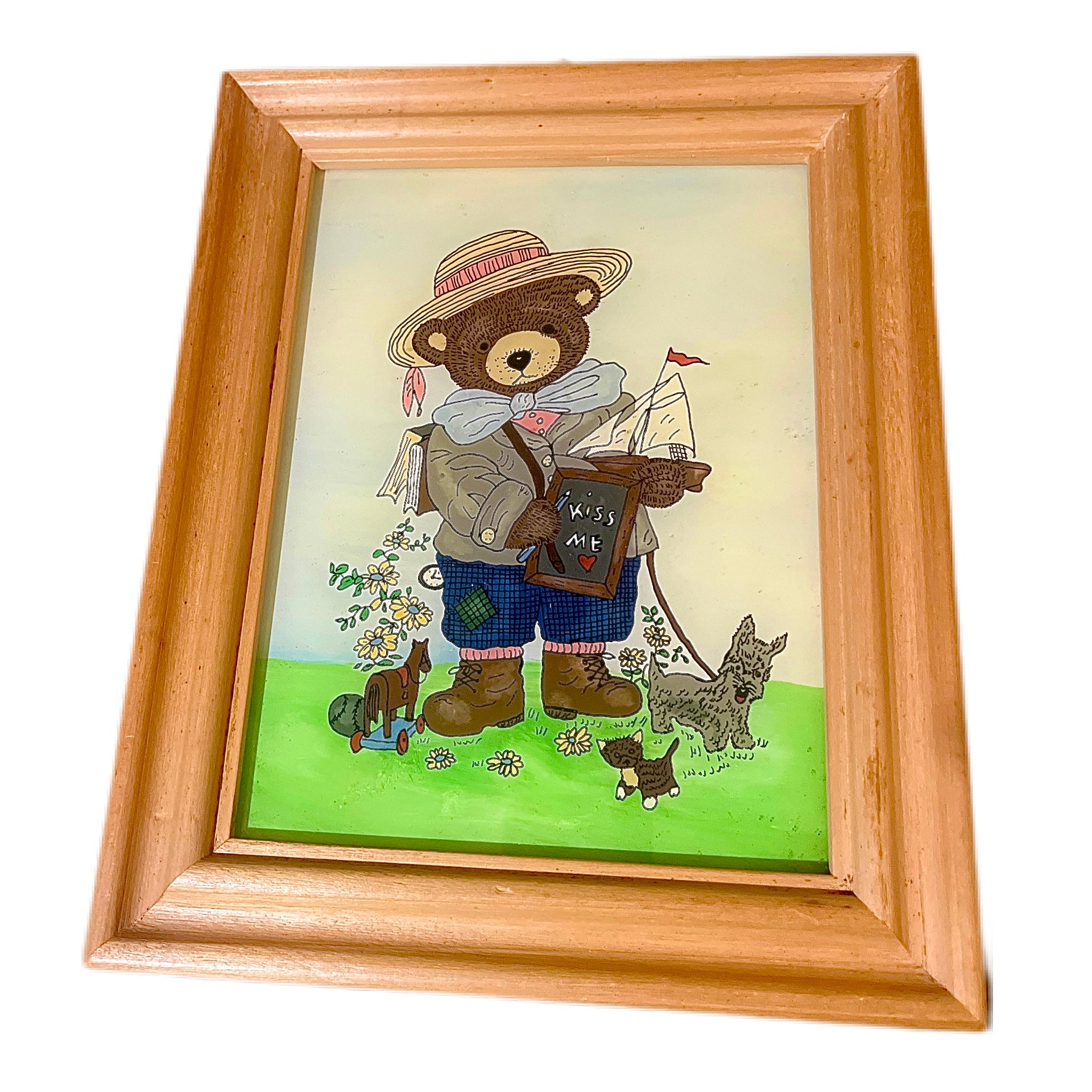 Vintage Teddy Bear Glass Painting obrazy z pluszowym misiem malowane na szkle 1980s PRL
