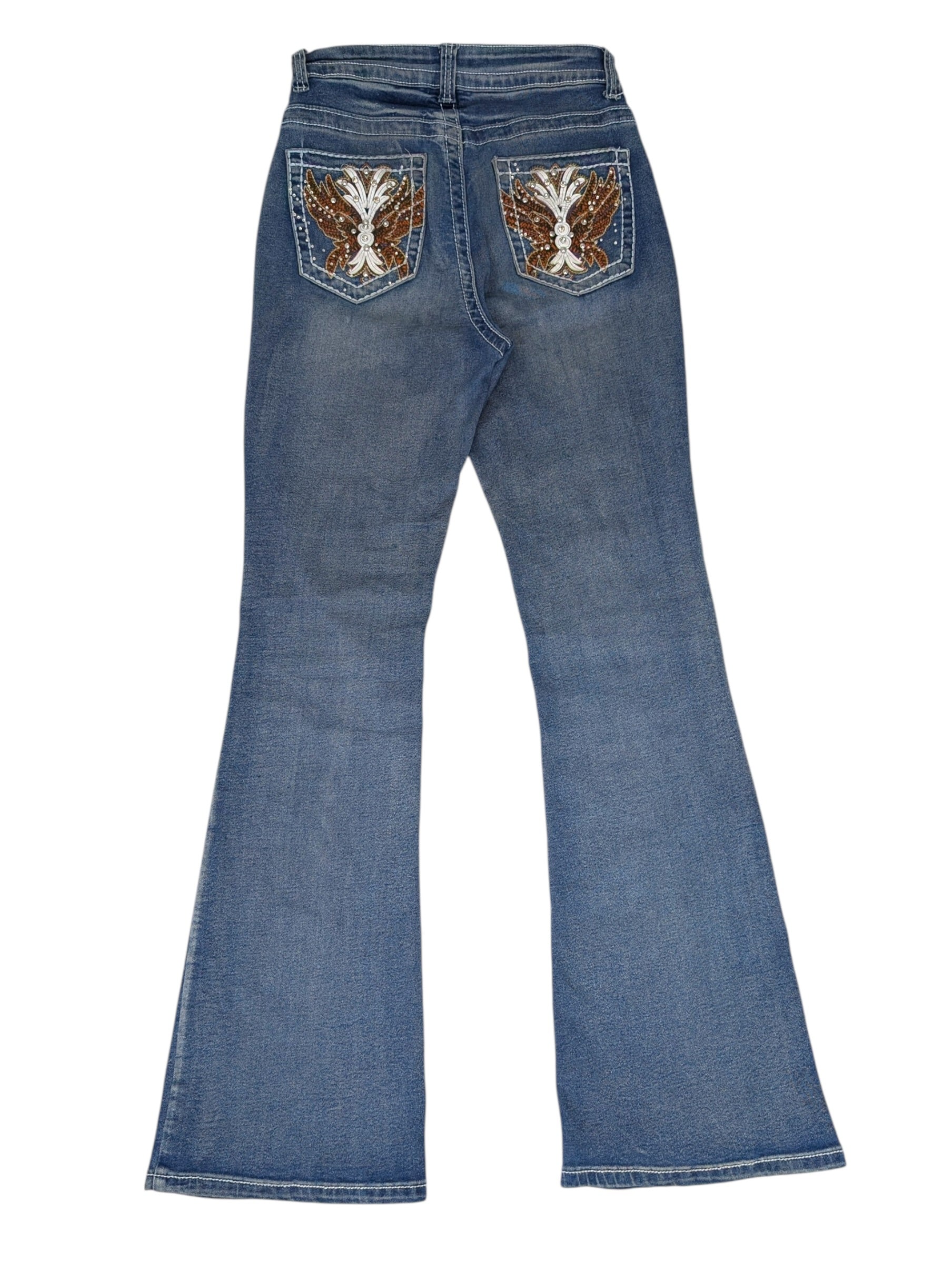 Vintage dzwony spodnie jeansowe flared jeans poszerzane nogawki y2k miss me embroidered hafty