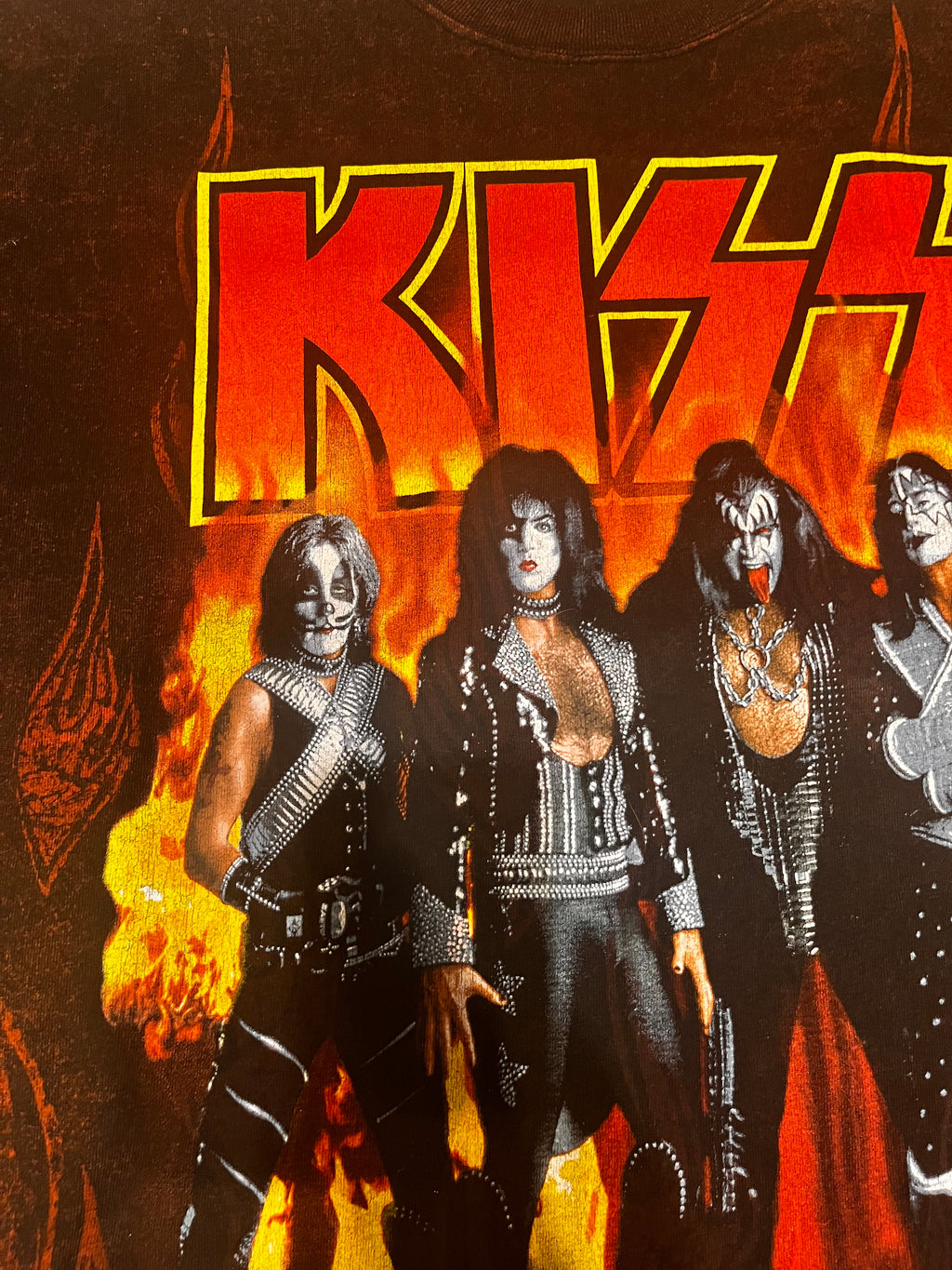 1990s Kiss band koncertowy t-shirt koszulka overprint flames płomienie