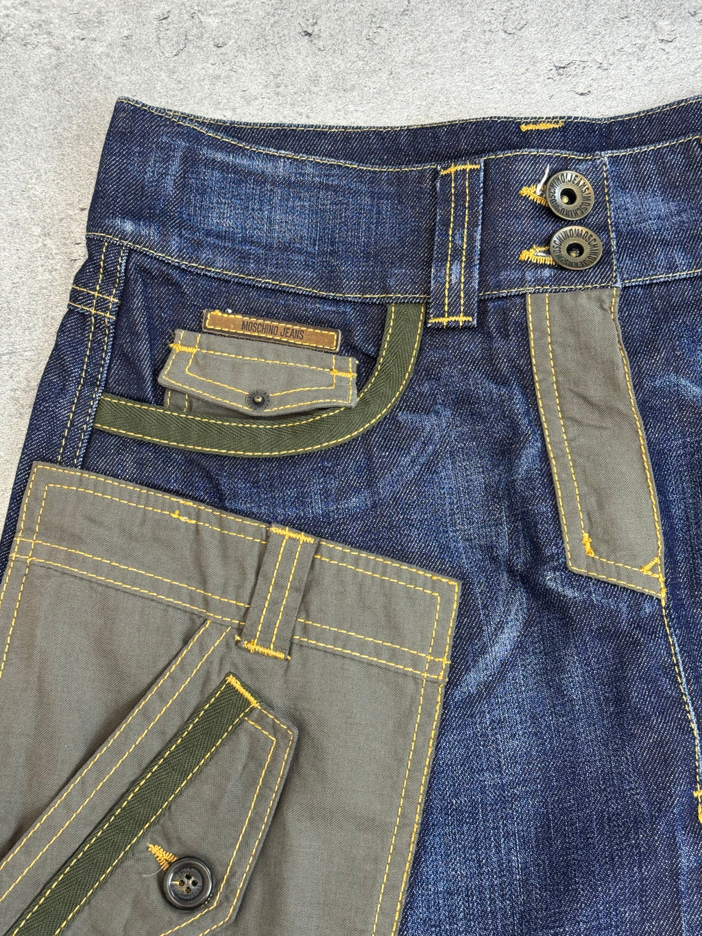 Moschino Jeans Cargo Utility Skirt Spódnica Military Patchwork Denim Jeansowa midi archive