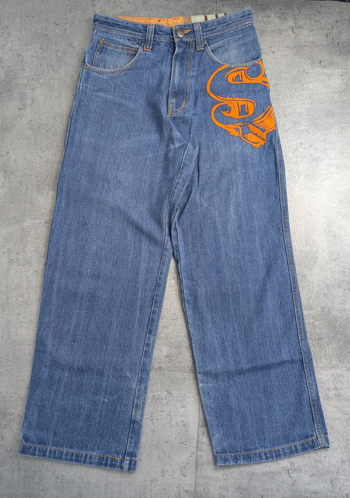 Raw Blue Dollar Sign Graphic Baggy Y2K Vintage Jeans Loose Fit HipHop RARE