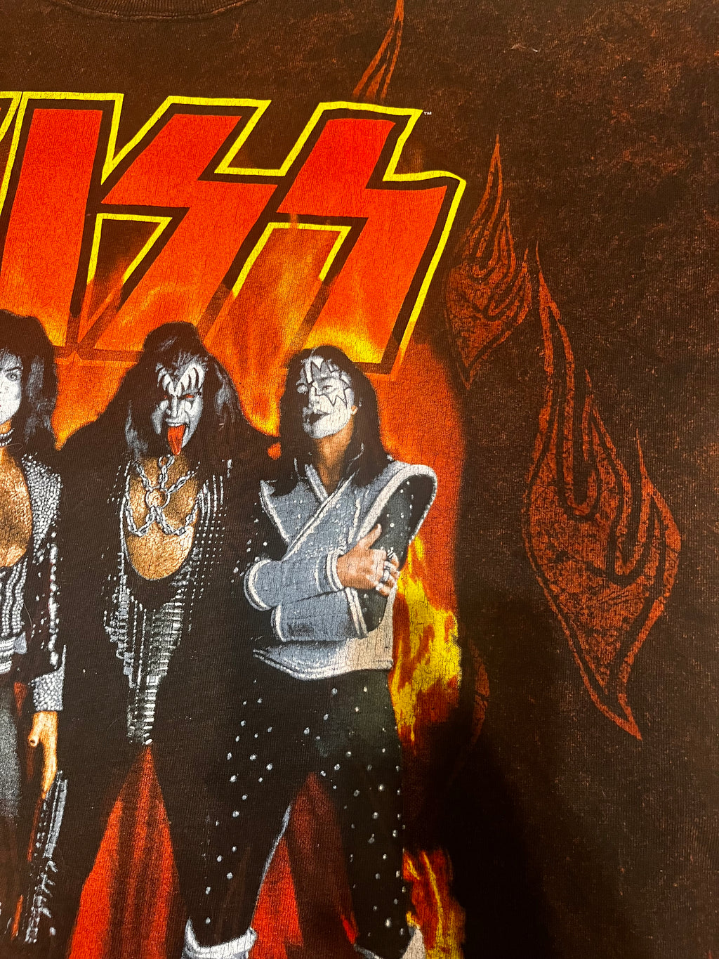 1990s Kiss band koncertowy t-shirt koszulka overprint flames płomienie